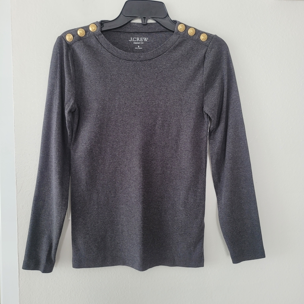 J. Crew Dark Gray Long Sleeve Top with Gold Accents - Picture 2 of 11